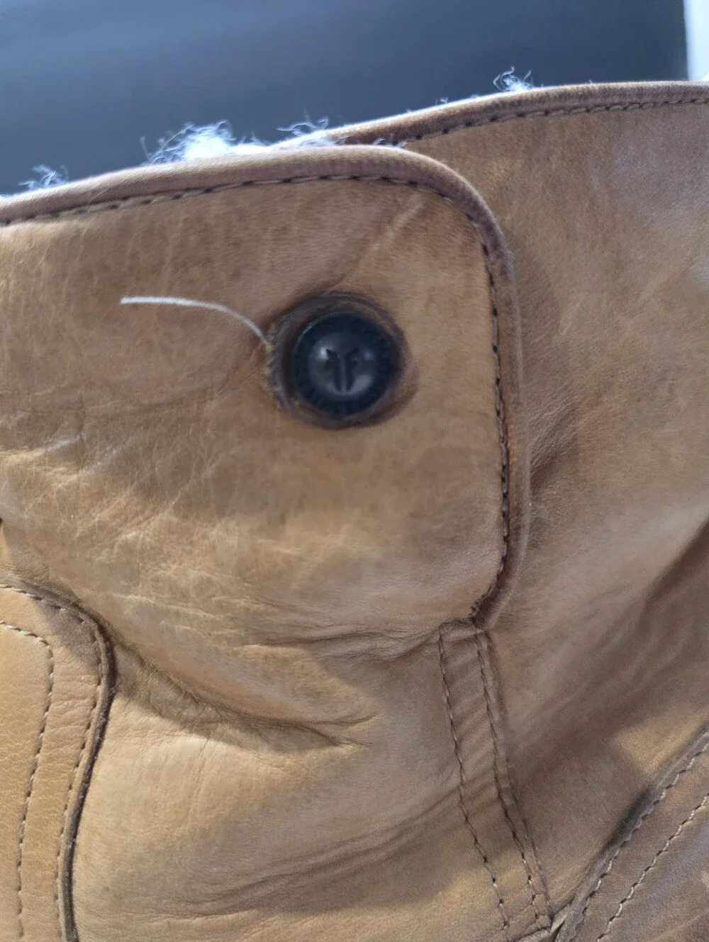Frye Celia Short Cognac Brown Leather Shearling Lined Moto Lug Sole Boots Sz 8.5